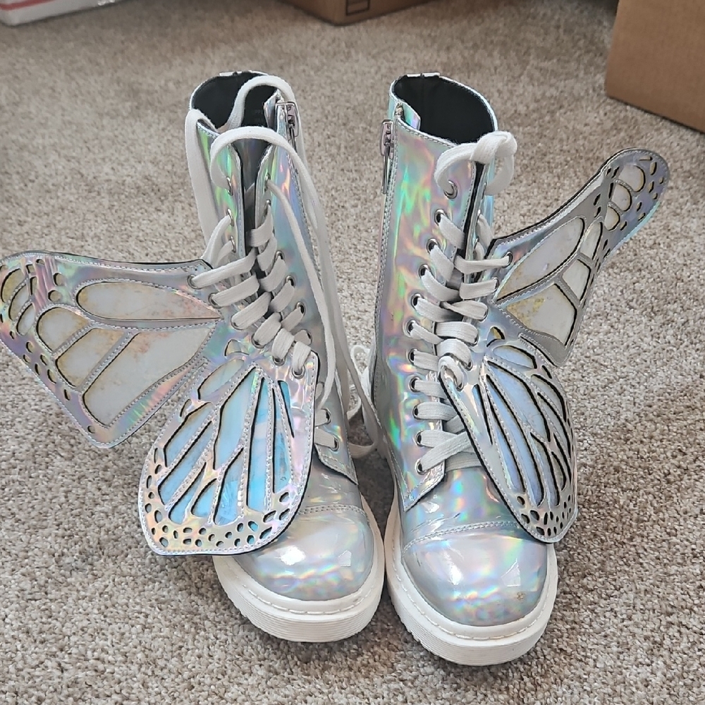 Dolls Kill Holographic Butterfly Wing Combat Boots Size 7